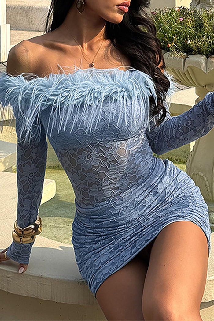 Feather Trim Off Shoulder Lace Long Sleeve Ruched Bodycon Mini Dresses-Blue