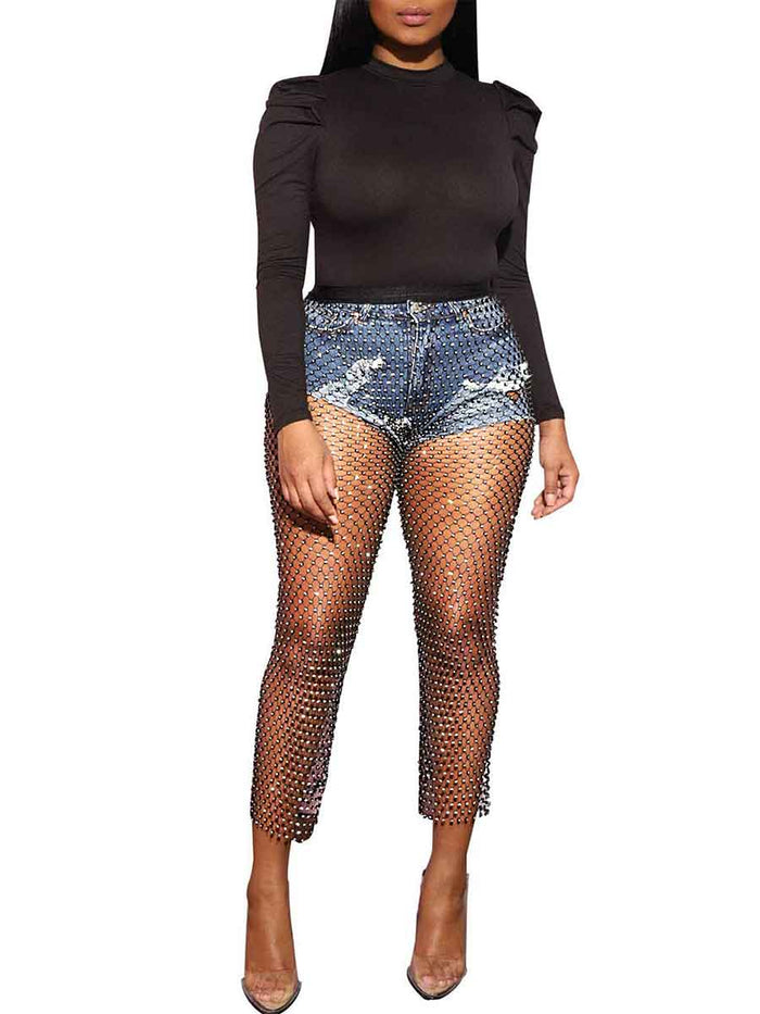 Fishnet Hollow Pantsâ€?Sheer Rhinestone Pants