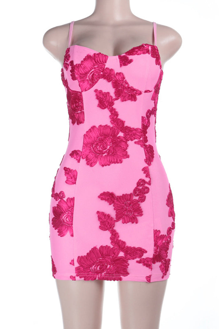 Floral Appliques Spaghetti Strap Bodycon Mini Dresses-Pink