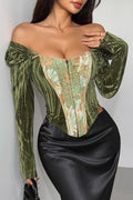 Floral Pattern Patchwork Velvet Long Sleeve Corset-Green