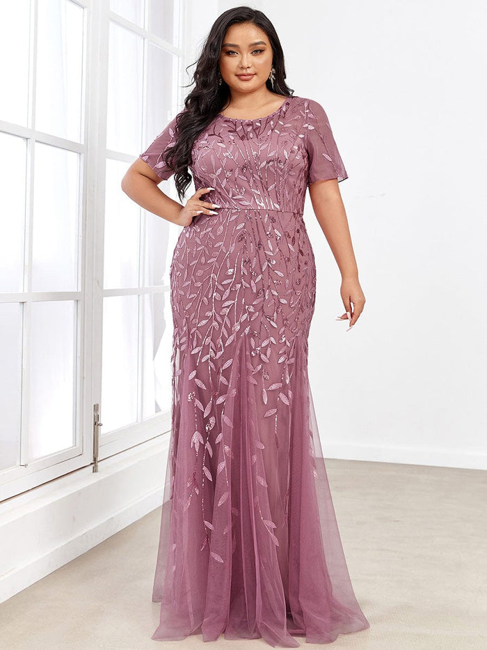 Floral Sequin Print Maxi Long Fishtail Formal Dresses With Half Sleeve