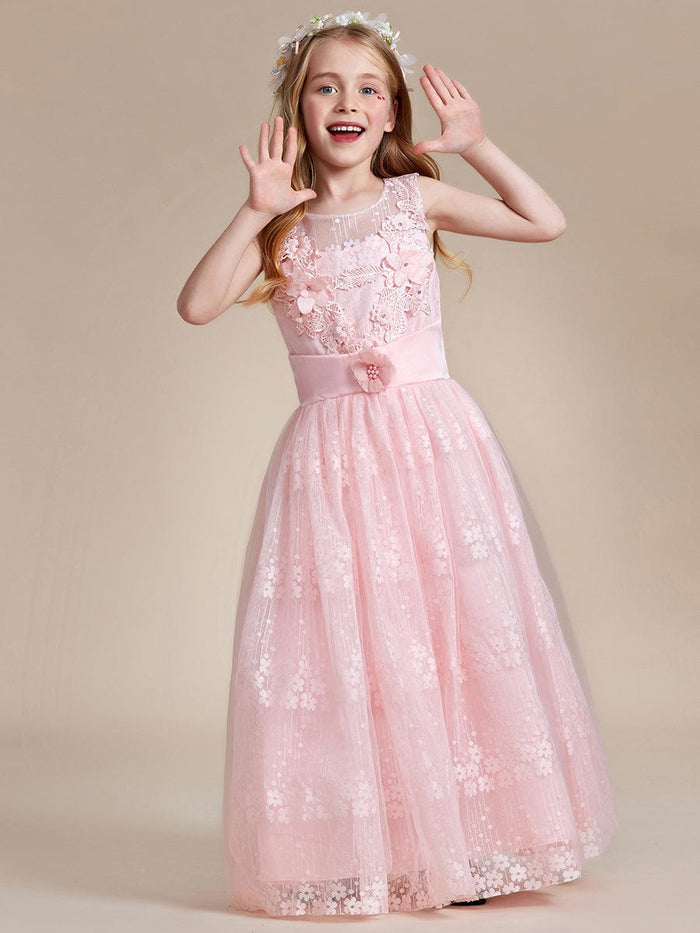 Floral Tulle Applique Princess Flower Girl Dress With Satin Back