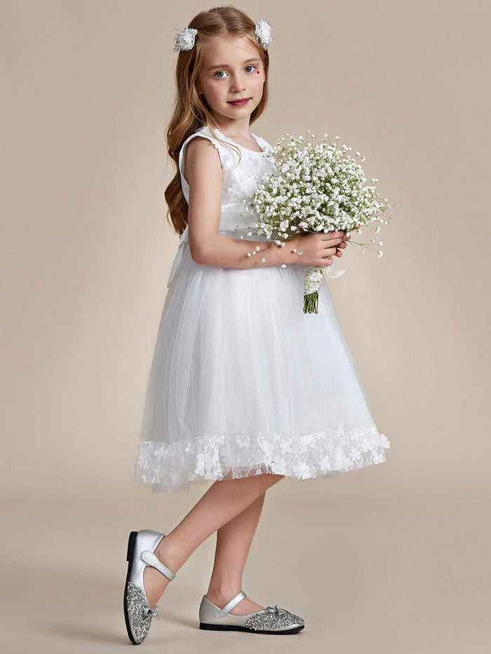 Flower Adorned Sheer Flower Girl Dress with Butterfly Bows