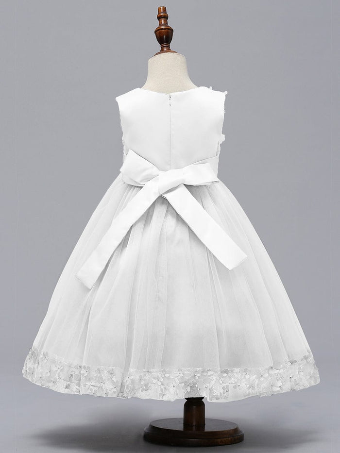 Flower Adorned Sheer Flower Girl Dress with Butterfly Bows