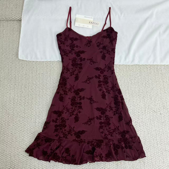 French-style retro flocking printed halter dress