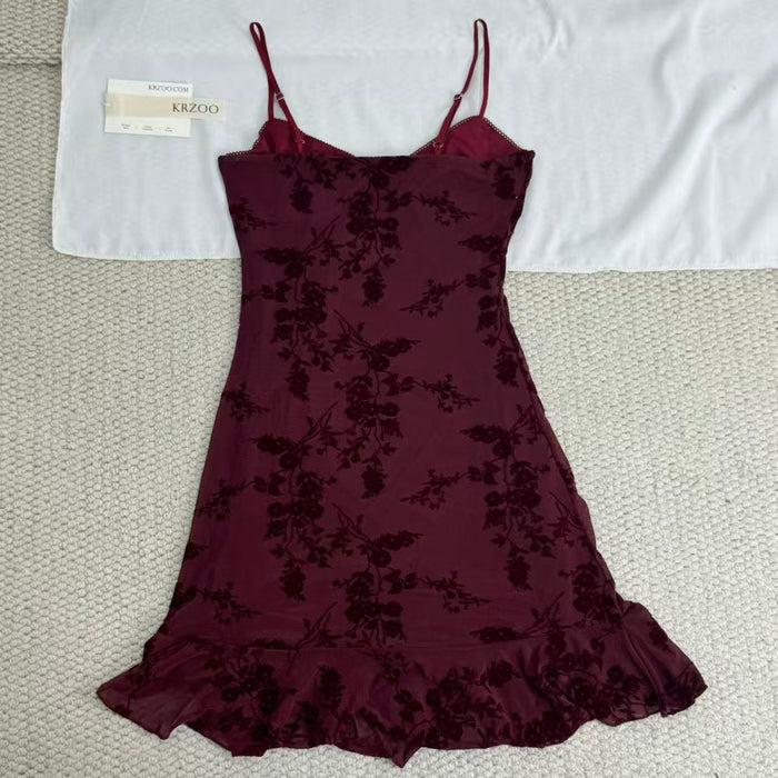 French-style retro flocking printed halter dress