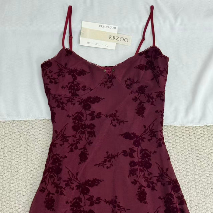 French-style retro flocking printed halter dress
