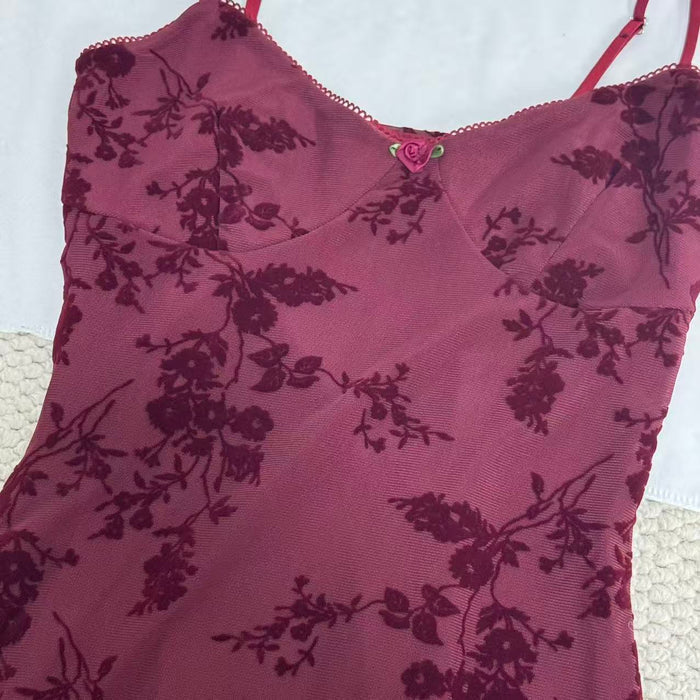 French-style retro flocking printed halter dress