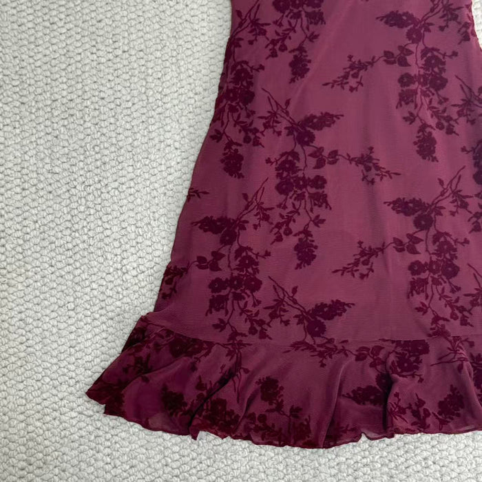 French-style retro flocking printed halter dress