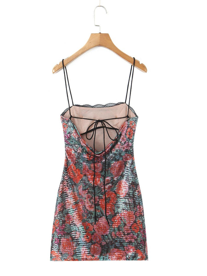 French Vintage Rose Sequin Spaghetti Strap Dress