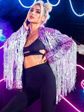 Fringed Long-sleeved Purple Sequin Coat Top