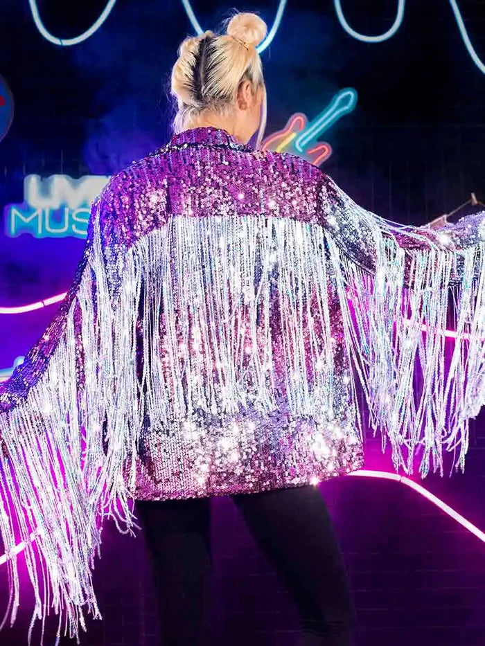 Fringed Long-sleeved Purple Sequin Coat Top
