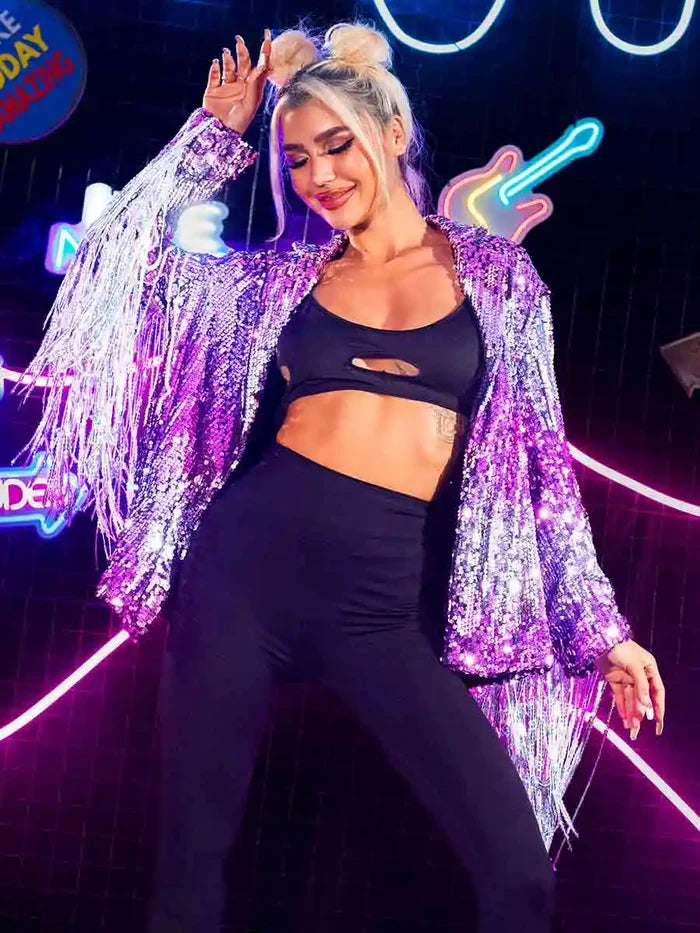 Fringed Long-sleeved Purple Sequin Coat Top