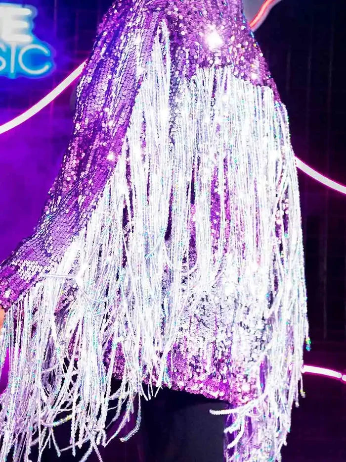 Fringed Long-sleeved Purple Sequin Coat Top