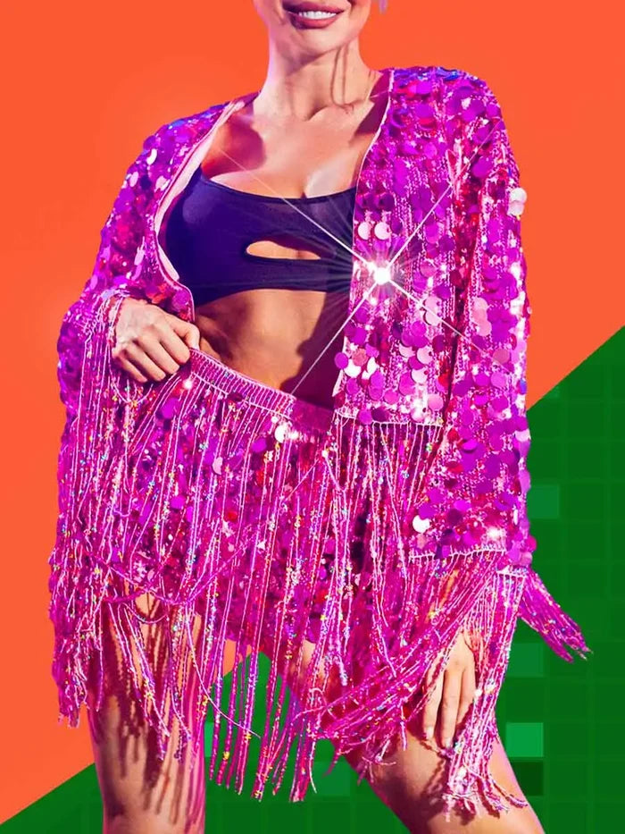 Fringed Pink Sequin Jacket Two-piece Set