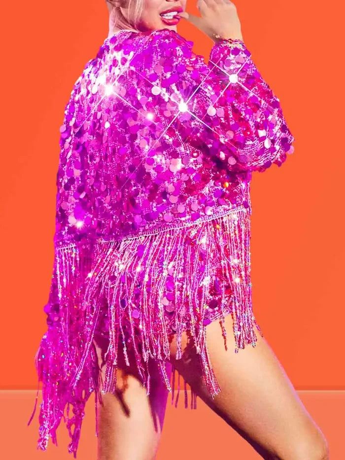 Fringed Pink Sequin Jacket Two-piece Set