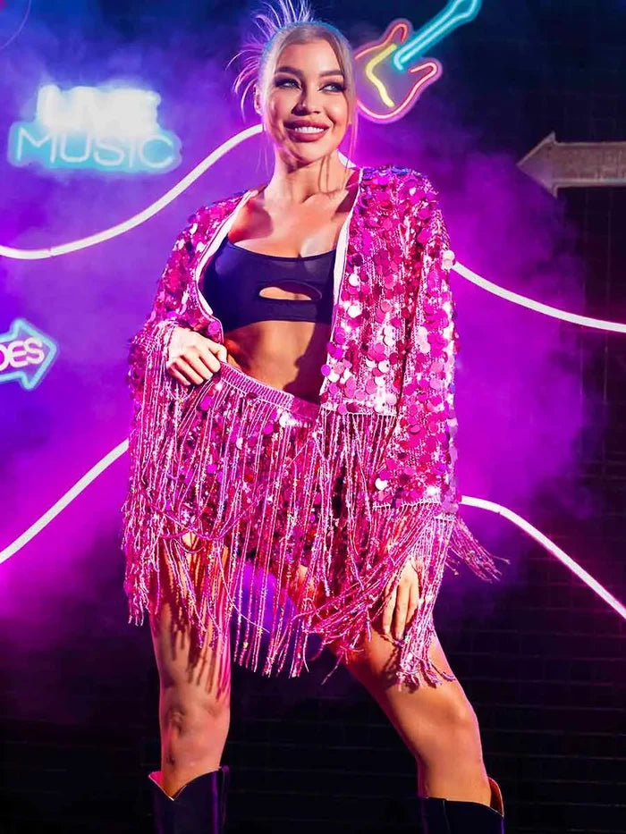 Fringed Pink Sequin Jacket Two-piece Set