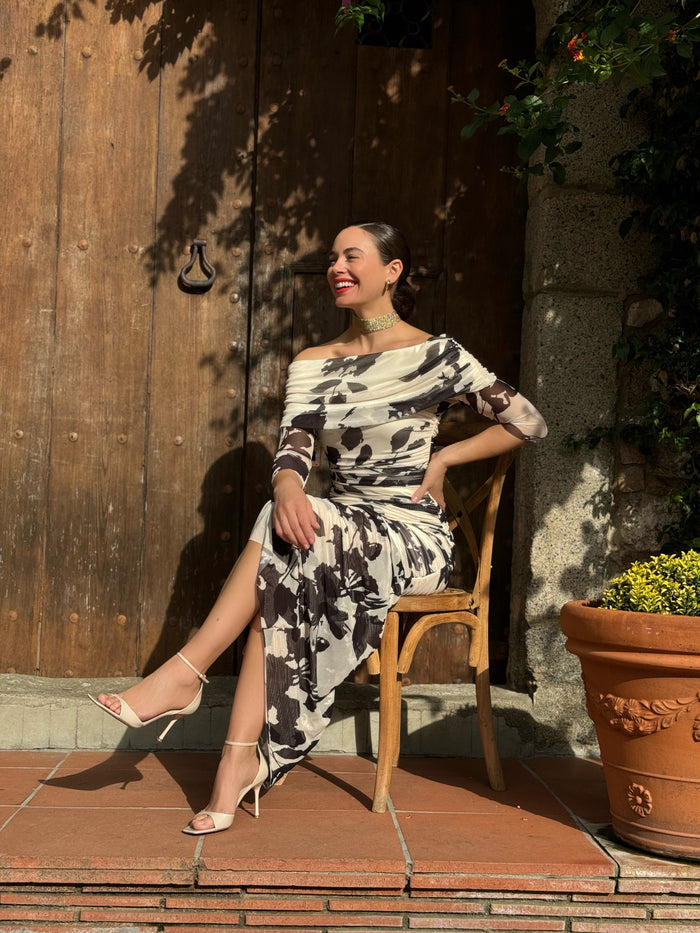 Gabrielle Bardot Midi Dress (Cream/Black)