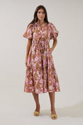 Ginny Bubble Sleeve Midi Dress in Brown