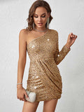 Glam Champagne Sequin Mini Dress â€?Ruched Party Style
