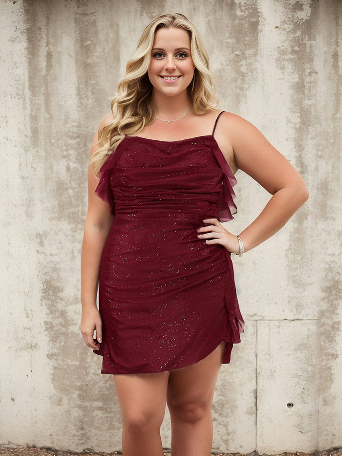 Glitter A-Line Pleated Spaghetti Strap Short Homecoming Dress