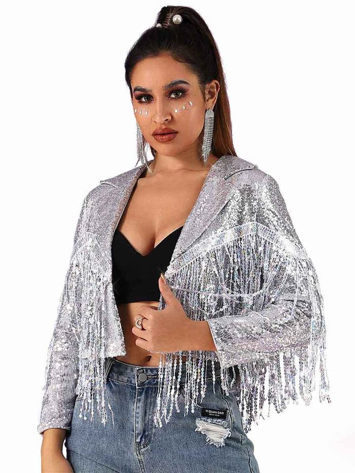 Glitter Tassel Jacket - Silver Women's Party Bomber Jacket