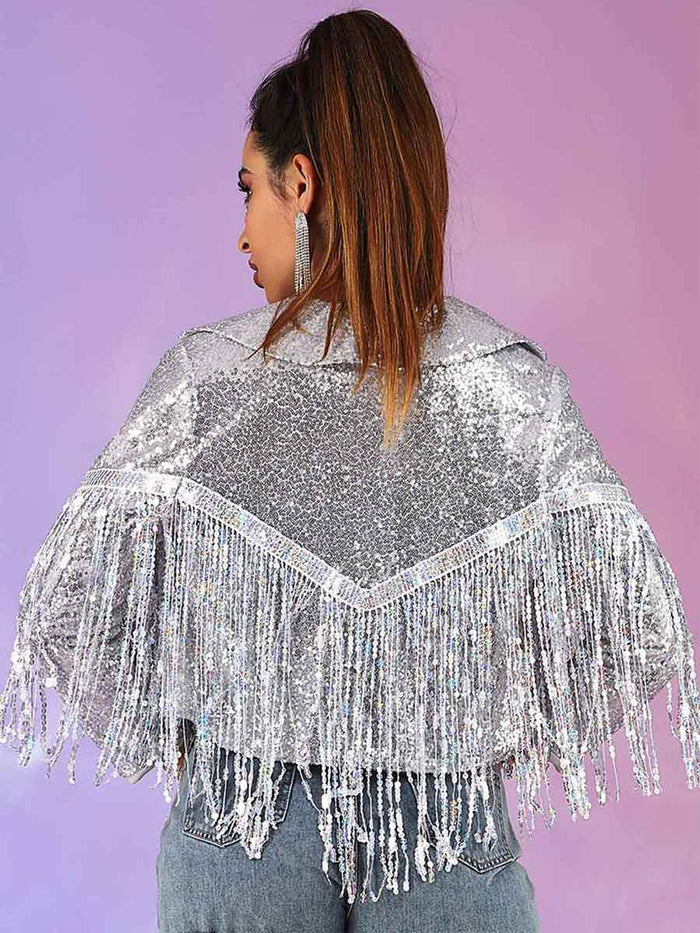 Glitter Tassel Jacket - Silver Women's Party Bomber Jacket