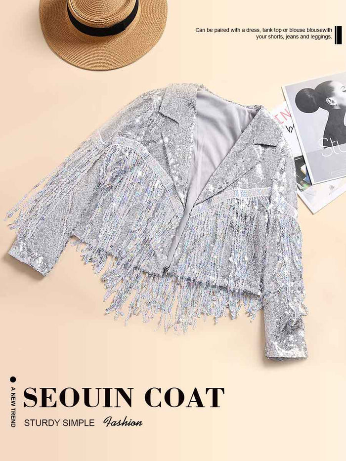 Glitter Tassel Jacket - Silver Women's Party Bomber Jacket