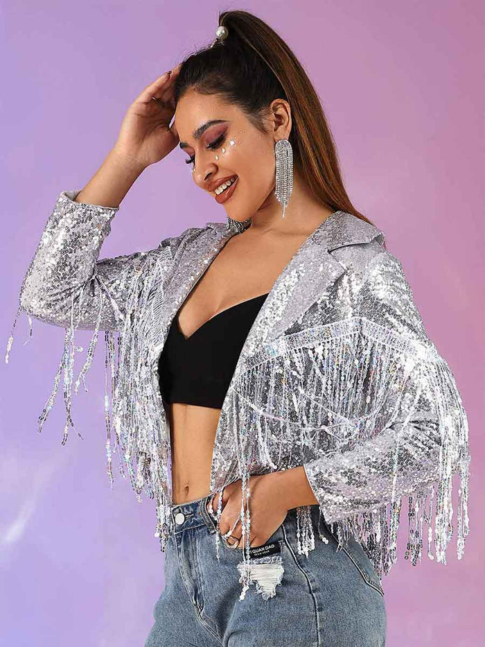 Glitter Tassel Jacket - Silver Women's Party Bomber Jacket