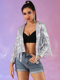 Glitter Tassel Jacket - Silver Women's Party Bomber Jacket