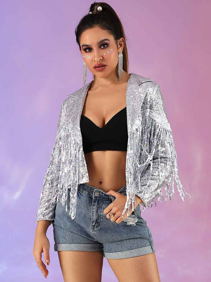 Glitter Tassel Jacket - Silver Women's Party Bomber Jacket