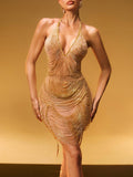 Gold Crystal Chain Halter Fringe Mini Dress