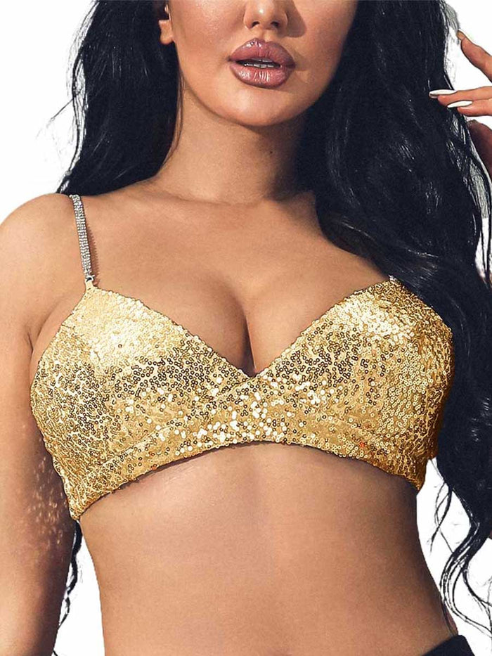 Gold Glitter Bra with Rhinestone Straps