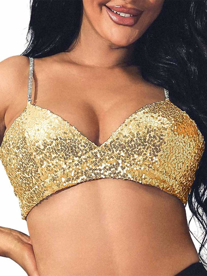 Gold Glitter Bra with Rhinestone Straps