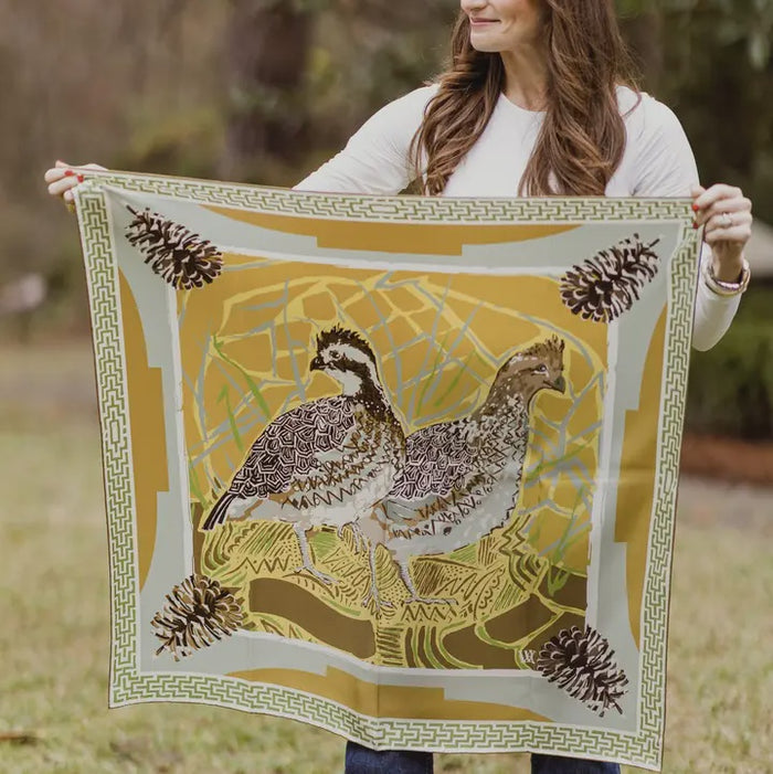 Gold Quail Pair - Double-Sided Silk Scarf