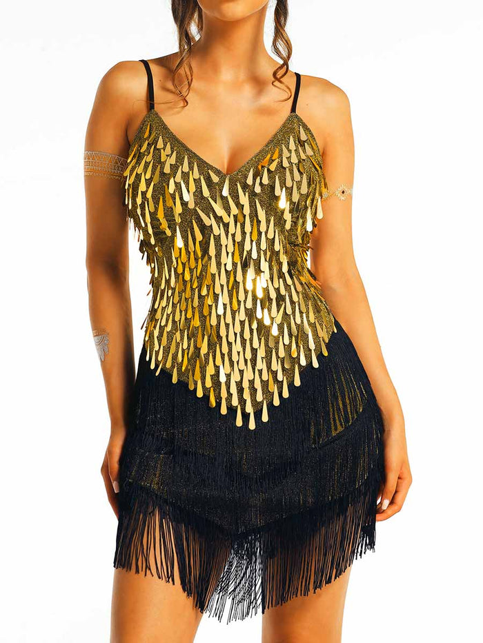Gold Sequin Black Tassel Dress