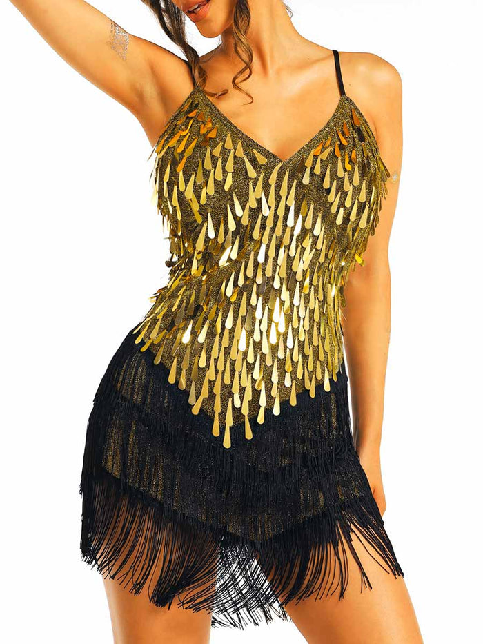 Gold Sequin Black Tassel Dress