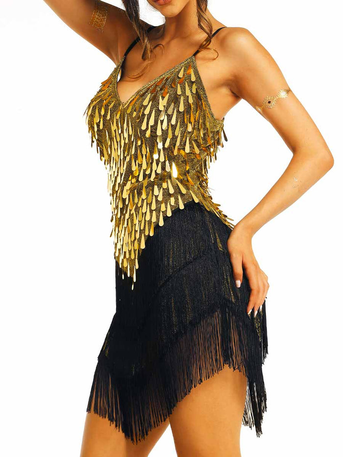 Gold Sequin Black Tassel Dress