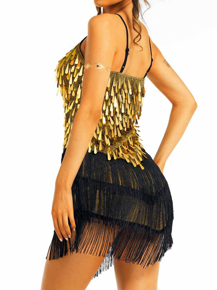 Gold Sequin Black Tassel Dress