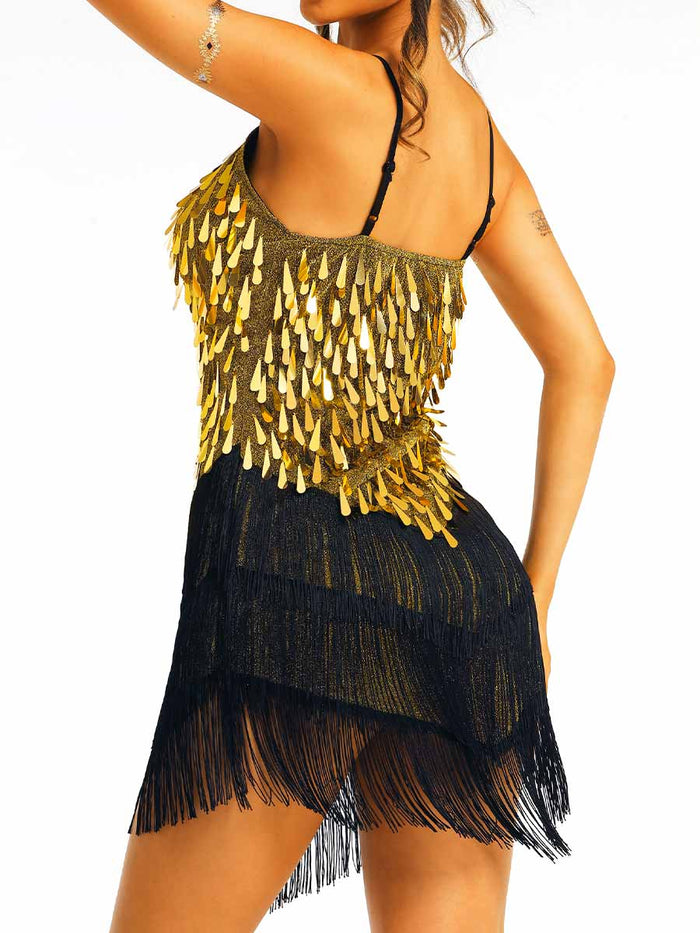 Gold Sequin Black Tassel Dress