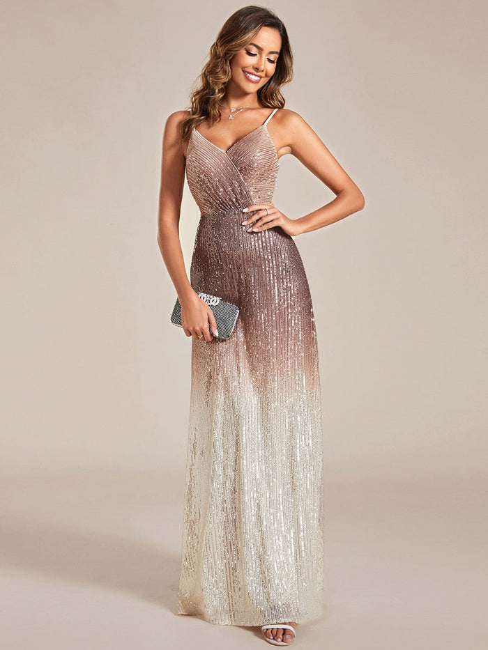 Gradient Sequin A-Line Spaghetti Strap V-Neck Evening Dress