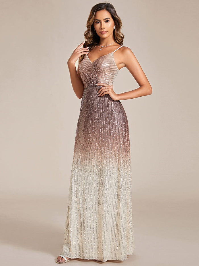 Gradient Sequin A-Line Spaghetti Strap V-Neck Evening Dress