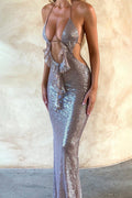 Halter Backless Irregular Cut Out Ruffle Sequin Pattern Bodycon Party Maxi Dresses Purple