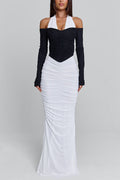 Halter Cinch Waist Ruched Bodycon Party Maxi Dresses-White Pre Order