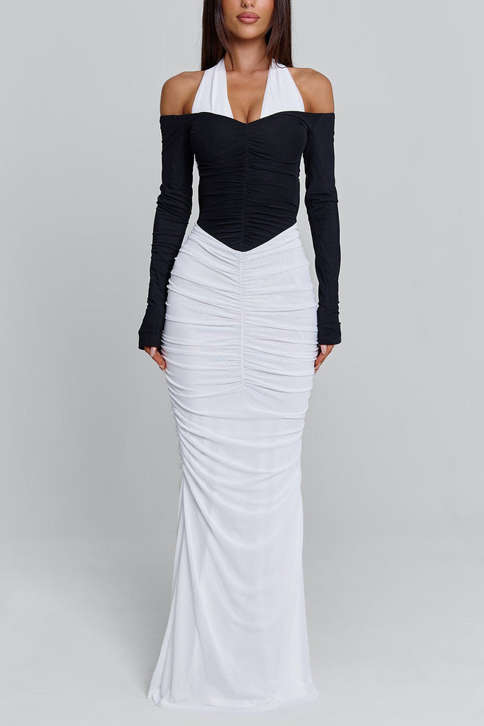 Halter Cinch Waist Ruched Bodycon Party Maxi Dresses-White Pre Order