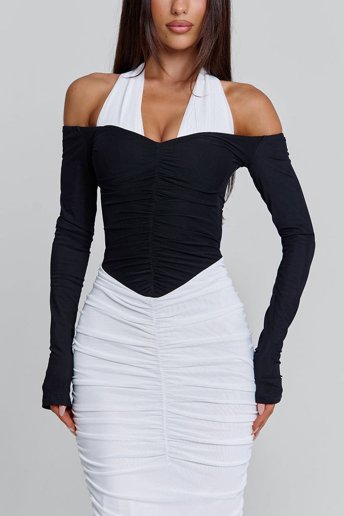 Halter Cinch Waist Ruched Bodycon Party Maxi Dresses-White Pre Order
