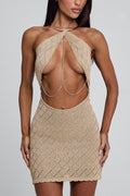 Halter Cut Out Backless Slim Fit Linen Mini Dresses-Brown Pre Order