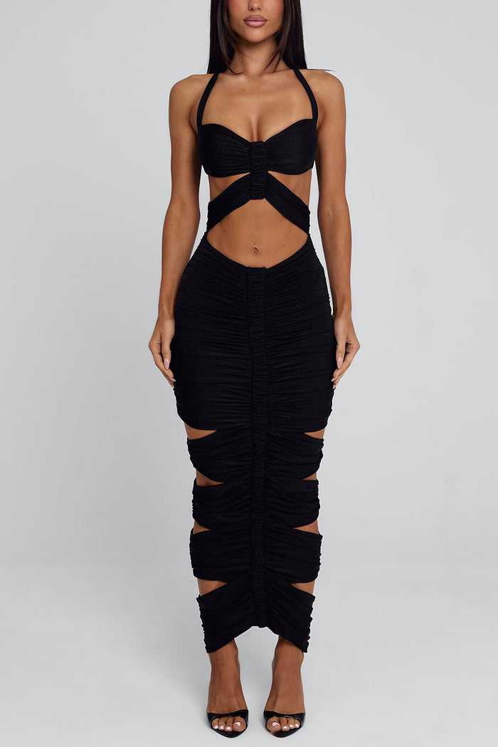 Halter Cut Out Ruched Slim Fit Tie Up Party Maxi Dresses-Black Pre Order