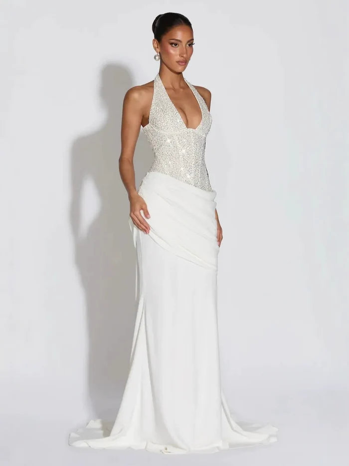 Halter Deep V Neck Cut Out Backless Ruched Maxi Dresses-Black Pre Order
