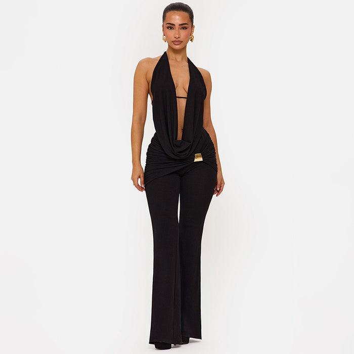 Halter Open Front Backless Top Cutout Pants 2pcs Set Black